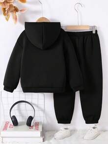 SHEIN 2件/套 青少年男女款休閒學院風舒適時尚簡約百搭字母印花刷毛加厚連帽衛衣與長褲，適合開學首日穿著 - 黑色 - 查看 2