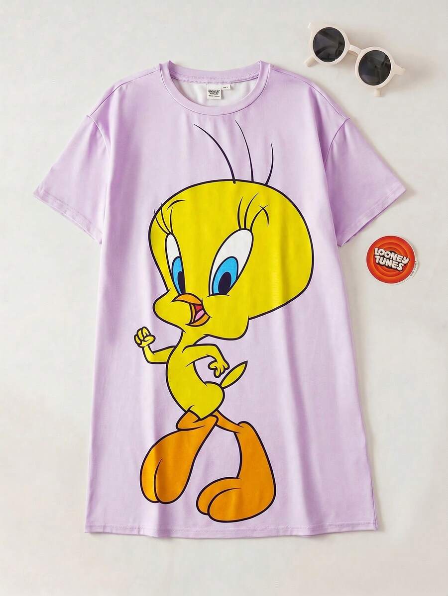 LOONEY TUNES X SHEIN Ropa de estar en casa con cuello redondo y manga corta con estampado lindo para niñas preadolescentes - Rosa - Ver 1