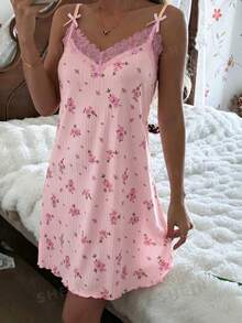 CottageSlumber Camisón de mujer de punto acanalado con ribete de encaje floral romántico y patchwork - Rosa - Ver 4