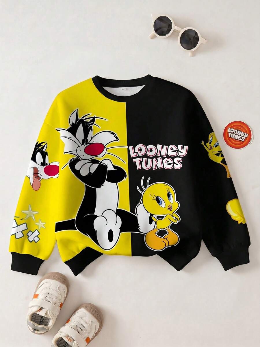 LOONEY TUNES X SHEIN 青少年女孩拼色可愛卡通圖案圓領保暖衛衣,秋季青少年女孩卡通印花上衣,卡通衛衣 - 白色 - 查看 1