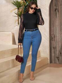Comfylo Plus Size Women's Lace Patchwork Sexy Casual Elegant Versatile Date Bussines Dinner Formal Wedding Guest Night Outing Top Autumn Black Fall - Black - View 6