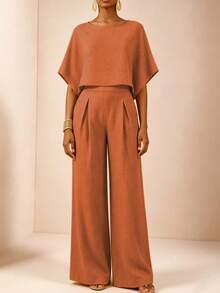 SHEIN Veneréa Set Celana Panjang Wanita Musim Panas Warna Polos Longgar dengan Kaki Lebar - Burnt Orange - View 4