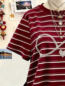 Rovax Women's Round Neck Short Sleeve Dropped Shoulder Striped Rhinestone Design Casual T-Shirt - Multicolor - View 4