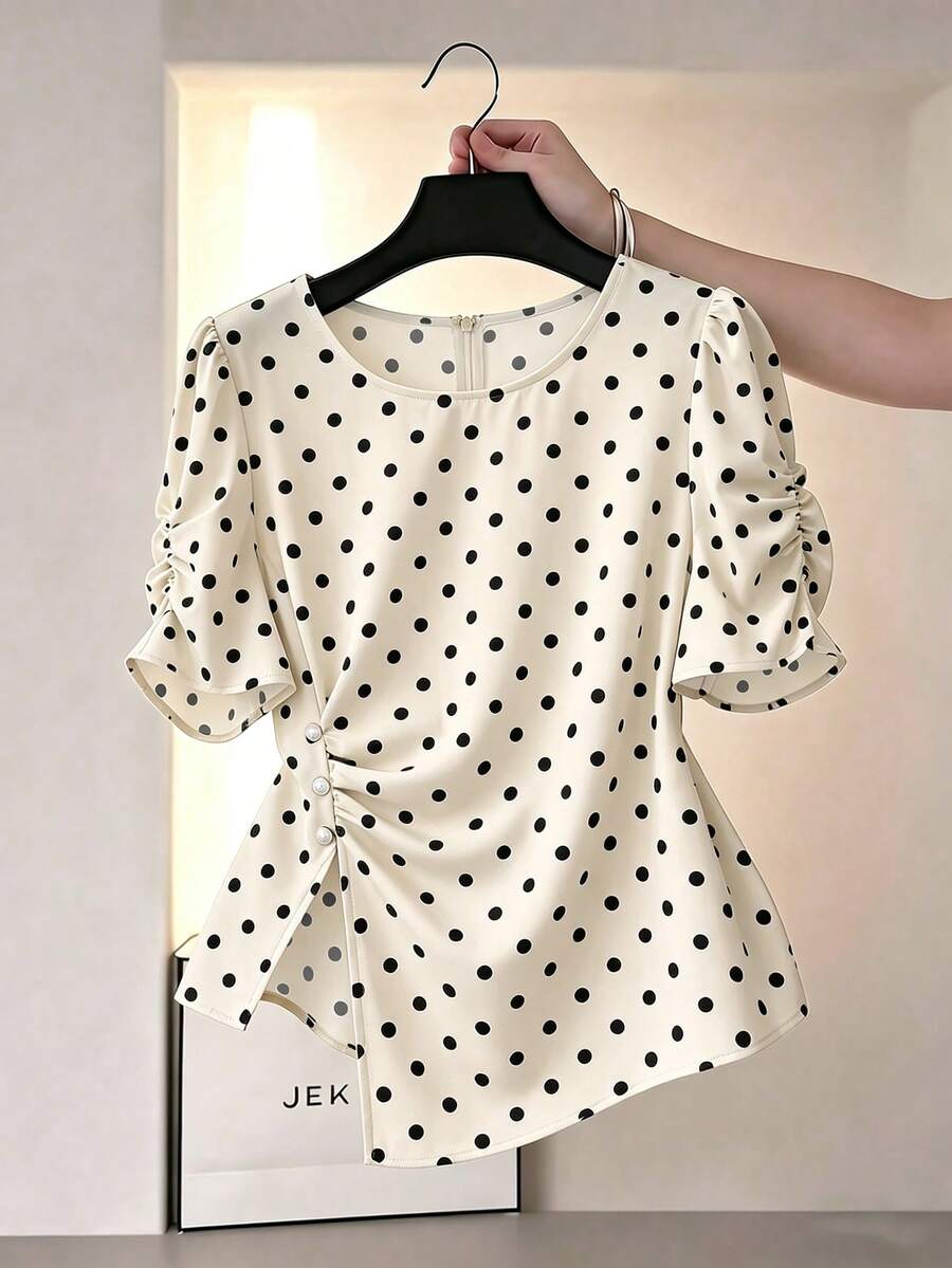 Franclia Elegant Asymmetric Design Round Neck Blouse For Women - Apricot - View 1