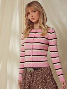 WESTFADE Crewneck Button Front Striped Long Sleeve Cardigan Pink Sweater, Country Style For Women - Pink - View 3