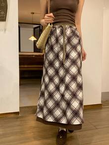 DAZY Women's Plaid Drawstring Waist Casual Versatile Daily Outing Skirt Fall - Coffee Brown - View 6