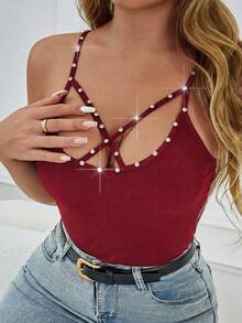 Glamine Top de tirantes acanalado con strass y diseño calado con tiras cruzadas para mujer - Rojo - Ver 3