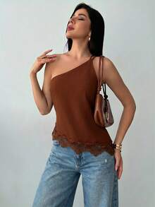 Firerie Spring/Summer New Minimalist Elegant Vacation Streetwear Apricot Linen One-Shoulder Backless Waist Ruched Asymmetric Hem Top - Brown - View 5