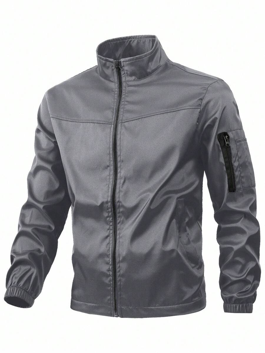 Manfinity Homme Men's Stand Collar Zipper Casual Versatile Daily Travel Long Sleeve Jacket - Light Grey - View 1