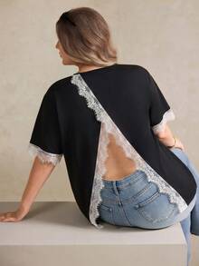 Elegantrix Women's Plus Size Spring/Summer Elegant French Casual Hollow Back Design Contrast Color Lace Trim Loose Round Neck T-Shirt - Black - View 2