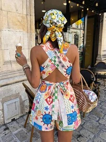 Vivid Eden Women's Vacation Casual Boho All-Over Print Halter Neck Romper Beach Vacation Beige Summer - Multicolor - View 2