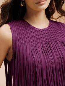 Arave Women's Summer Round Neck Sleeveless Solid Color Pleated Tassel Fashion Top Night Out Plum Purple Elegant - Burgundy - View 3