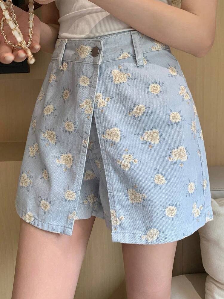 Summer Skirt-Style Retro  Botanical Floral All-Over Print Casual Vacation Street Beach Everyday Straight Leg Casual Denim Shorts For Women Light Blue