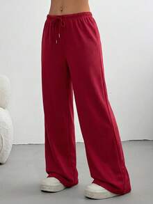 SHEIN Tall CURVE Pantalones de chándal holgados de unicolor con cordón en la cintura para tallas grandes - Rojo - Ver 4