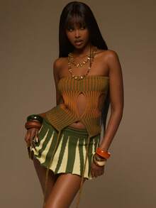 MUSERA Orange And Green Knit Bandeau Keyhole Cut Out Tie Front Top - Yellow - View 1