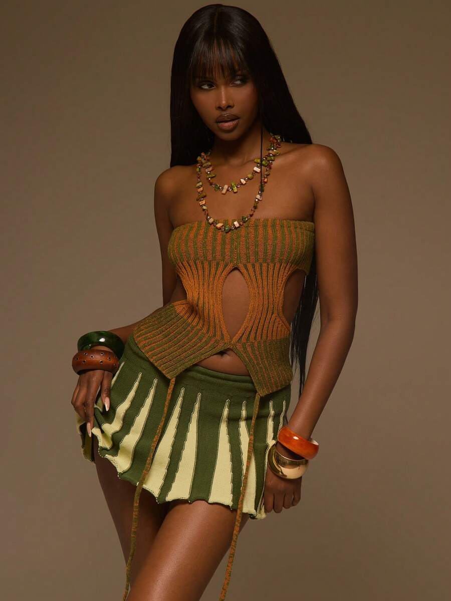 MUSERA Orange And Green Knit Bandeau Keyhole Cut Out Tie Front Top - Yellow - View 1