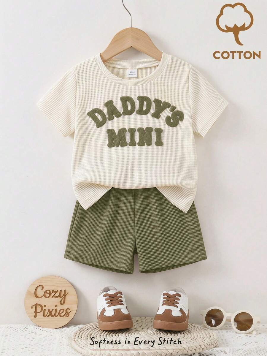 Cozy Pixies 男嬰字母印花短袖T恤與短褲休閒套裝 - 綠色 - 查看 1