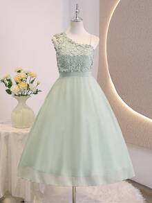 Wedding Season Teen Girls Elegant Flowy Playful Water-Soluble Lace Patchwork Chiffon Hollow One-Shoulder Short Dress Solid Color Emerald Green Summer - Green - View 4