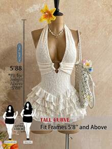 SHEIN Tall CURVE CURVE 大尺碼女款高個女孩掛脖露背抓褶休閒性感日常連身褲 高腰夏季海灘度假派對 全身白色 - 杏色 - 查看 1