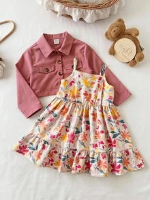 LMoss Kids 两件套女婴休闲碎花吊带连衣裙和棕色外套套装 - 彩色 - 查看 1