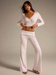 Athîral Women's Striped Long Sleeve Cropped T-Shirt And Flare Pants Casual Set - Multicolor - View 3