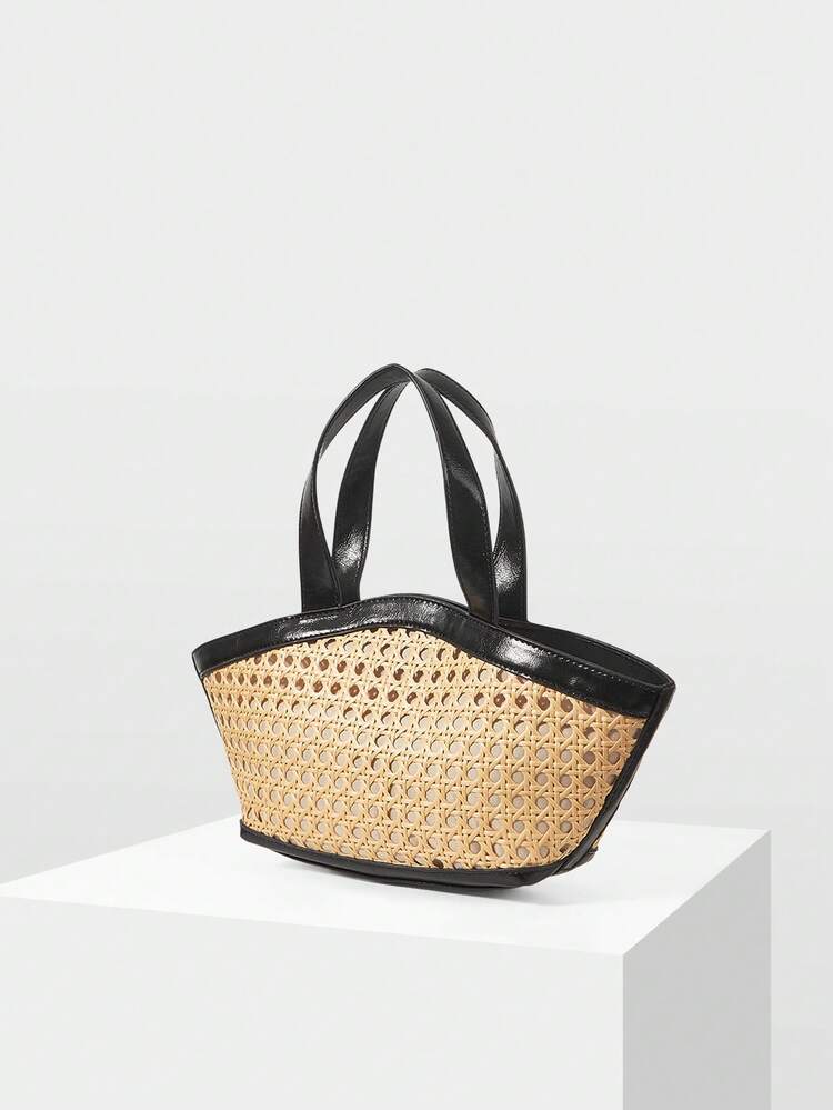 WOMEN'S FASHION APRICOT HOLLOW WOVEN HANDBAG, EXQUISITE AND SIMPLE DESIGN, CONTRASTING COLOR SPLICING VACATION BAG, SUITABLE FOR DAILY, COMMUTING, SUMMER VACATION, TRAVEL, BEACH, SEASIDE