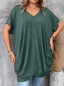 SHEIN CURVE+ Plus Size Women's Solid Color Batwing Sleeve Fashion Loose T-Shirt Wedding Dates Fashion Week Dark Green Summer Streetwear Simple Normal - Dark Green - View 6