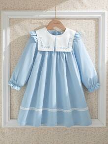 Souflis Souflis 4-7Y Young Girl' French Retro Light Blue Casual Princess Loose Comfortable Floral Embroidery Lace Trim White Contrast Collar Long Sleeve Dress Wedding - Blue and White - View 5