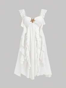 SHEIN MOD Vestido Maxi de Talla Grande con Decoración de Estrella de Mar de Metal, Bajo con Volantes y Gasa - Blanco - Ver 5