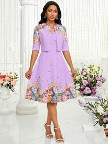 SHEIN Lady 女款優雅印花兩件套短夾克與寬肩帶洋裝，適合新娘母親、訂婚、婚禮，薰衣草色，夏季款 - 紫色 - 查看 6