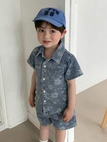 DAZY 嬰兒/幼兒(男童)翻領夏季清爽水洗牛仔襯衫與短褲2件套裝 - 藍色 - 查看 5