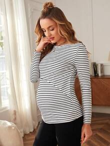 SHEIN Maternity Striped Print Nursing Detail Tee With Long Sleeve World Cup - White - View 7