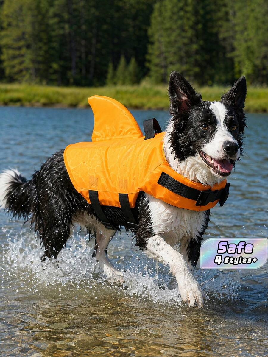 PETSIN 1PC Shark Fin Dog Life Jacket - High Buoyancy Ripstop Waterproof Oxford Fabric Pet Life Vest With Sturdy Rescue Handle, Adjustable Quick-Release Buckles Superior Flotation Safety Swimsuit, High Visibility Orange Pet Safety Vest With D-Ring For Leash - Orange - View 1