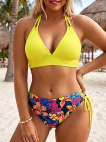 Swim Lushoire Traje de baño de 2 piezas para mujer talla grande con top halter de cuello en V color liso & Bottom de bikini triángulo con cordón estampado para vacaciones y playa - Multicolor - Ver 7