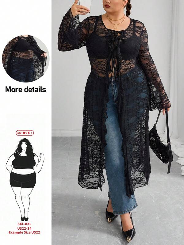 SHEIN CURVE+ 女款大尺碼秋季/四季通用 Rave 文藝復興市集嬉皮音樂節辣妹蕾絲吊帶上衣 荷葉邊緞帶長版外罩衫 休閒時尚街頭風蕾絲薄款外套 萬聖節裝扮