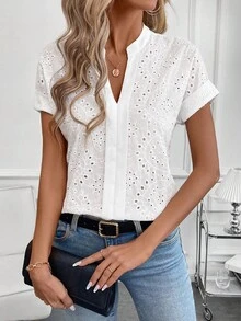 SHEIN Clasi 大尺碼夏季休閒素色鏤空刺繡襯衫 - 白色 - 查看 5