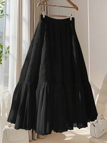SHEIN Women's Fashionable Elegant Commuter Versatile Chiffon Patchwork A-Line Pleated Skirt, Summer - Black - View 5