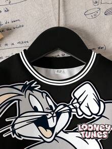 LOONEY TUNES X SHEIN 小男孩秋季休闲兔子印花撞色条纹装饰运动衫 - 白色 - 查看 3