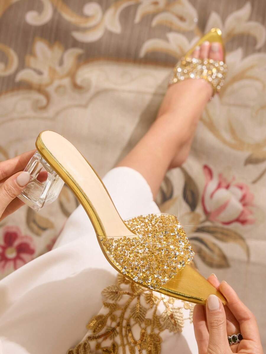 CUCCOO TILAWA Transparent Asymmetric Chunky Heel Women's Glass Rhinestone Sandals - yellow gold - View 1