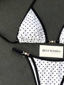 Swim Mod 女款夏季海灘簡約優雅浪漫休閒度假性感甜美可愛時尚泳衣套裝，基本百搭黑白波點印花，掛脖比基尼三角上衣，金屬針織飾邊裝飾，適合海灘、度假村、水療、音樂節、蜜月及休閒度假場合 - 黑與白 - 查看 5
