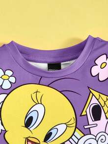LOONEY TUNES X SHEIN 女婴卡通崔弟和彩虹印花可爱休闲粉色短袖T恤和短裤套装 - 紫色 - 查看 3
