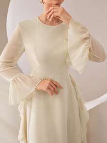 Graceveil Round Neck Waist-Cinching V-Neck Ruffle Flare Sleeve Full Skirt Chiffon Dress Wedding Summer Modest Middle Eastern - Apricot - View 2