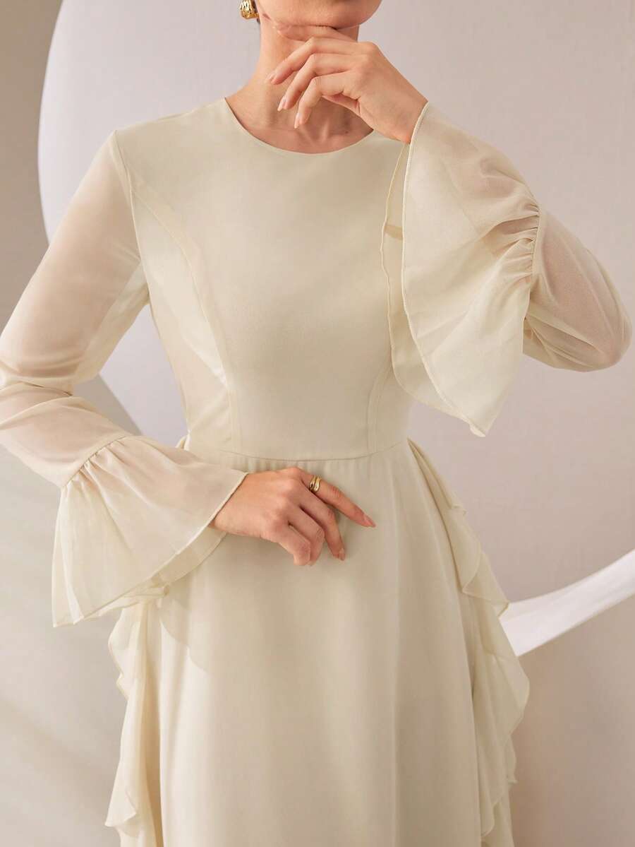 Graceveil Round Neck Waist-Cinching V-Neck Ruffle Flare Sleeve Full Skirt Chiffon Dress Wedding Summer Modest Middle Eastern