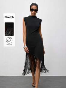 Maija Vestido midi de mujer con cuello alto, hombros anchos, bajo empoderador, flecos asimétricos, estilo vintage old money, estilo maestra, romántico, versátil, para verano, fiesta, playa, vacaciones, salida, ceremonia de graduación, blusa elegante, camisa casual, atuendo formal, trabajo, oficina - Negro - Ver 3