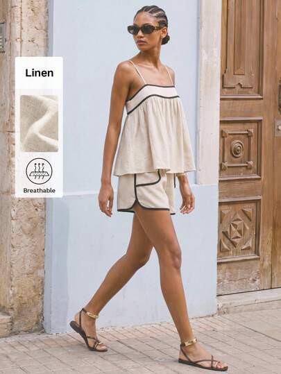 Maija Off-White Women's 2 Pieces Set Summer Contrast Trim Camisole Tank Top & Sleeveless Shorts Comfortable Casual Vacation