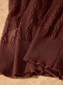 MOTF PREMIUM SPRING/SUMMER WOMEN'S FAUX PEARL RHINESTONE DECOR SEMI-SHEER FITTED HOLLOW KNIT TOP - Brown - View 8