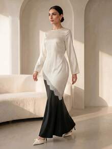 Graceveil Elegant Lace Patchwork Asymmetric Long Sleeve Top, Apricot, Suitable For Women, Spring/Summer Clothing - Apricot - View 5
