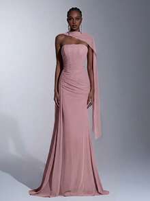 Elitara Dusty Pink Summer Elegant Formal Prom Wedding Bridesmaid Dress,Chiffon Strapless Shaping Mermaid Pleated Side Draped Detachable Multi-Way Wear Gown - Dusty Pink - View 2