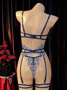 Seduluxe 女款性感蕾絲拼接內衣套裝 4件組 - 藏蓝色 - 查看 5