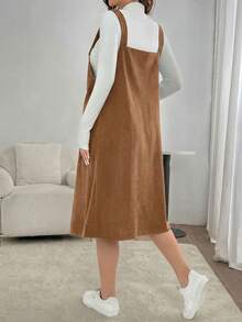 SHEIN 孕妇纯色工装口袋吊带连衣裙 - 卡其色 - 查看 2